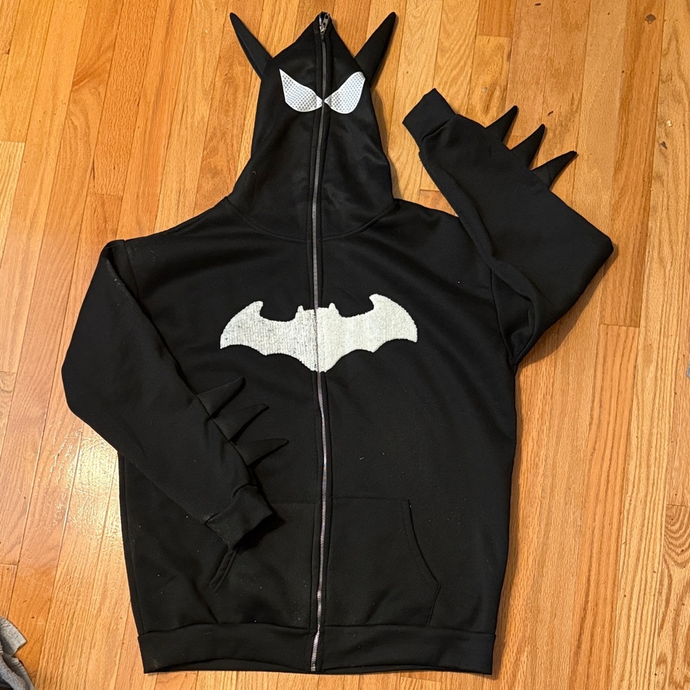 Black Bat-Inspired Zip Hoodie with Hood Ears and Graphic